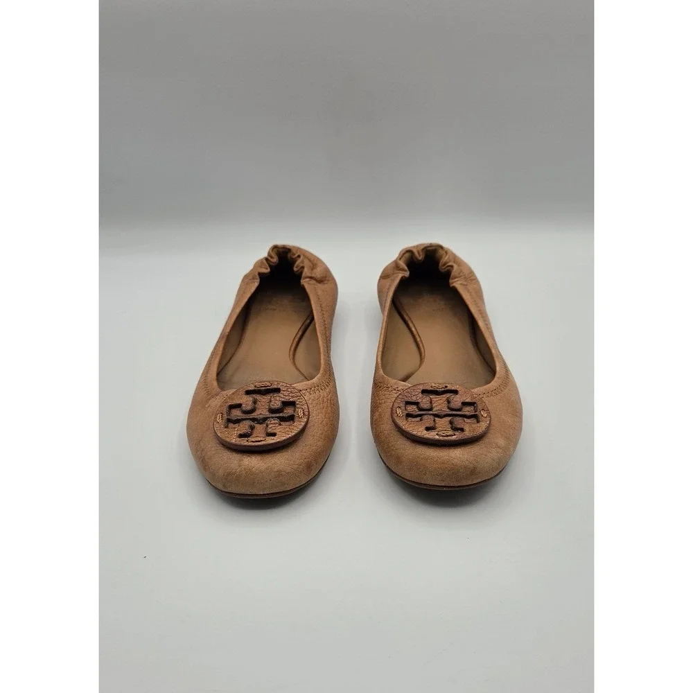 Tory Burch Reva Women Flats Sz 7 Tan Tumbled Leather Ballet Logo